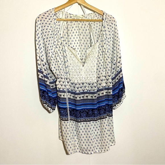 🎈SOLITAIRE women’s white blue bohemian crochet lightweight summer beach tunic - Picture 1 of 11